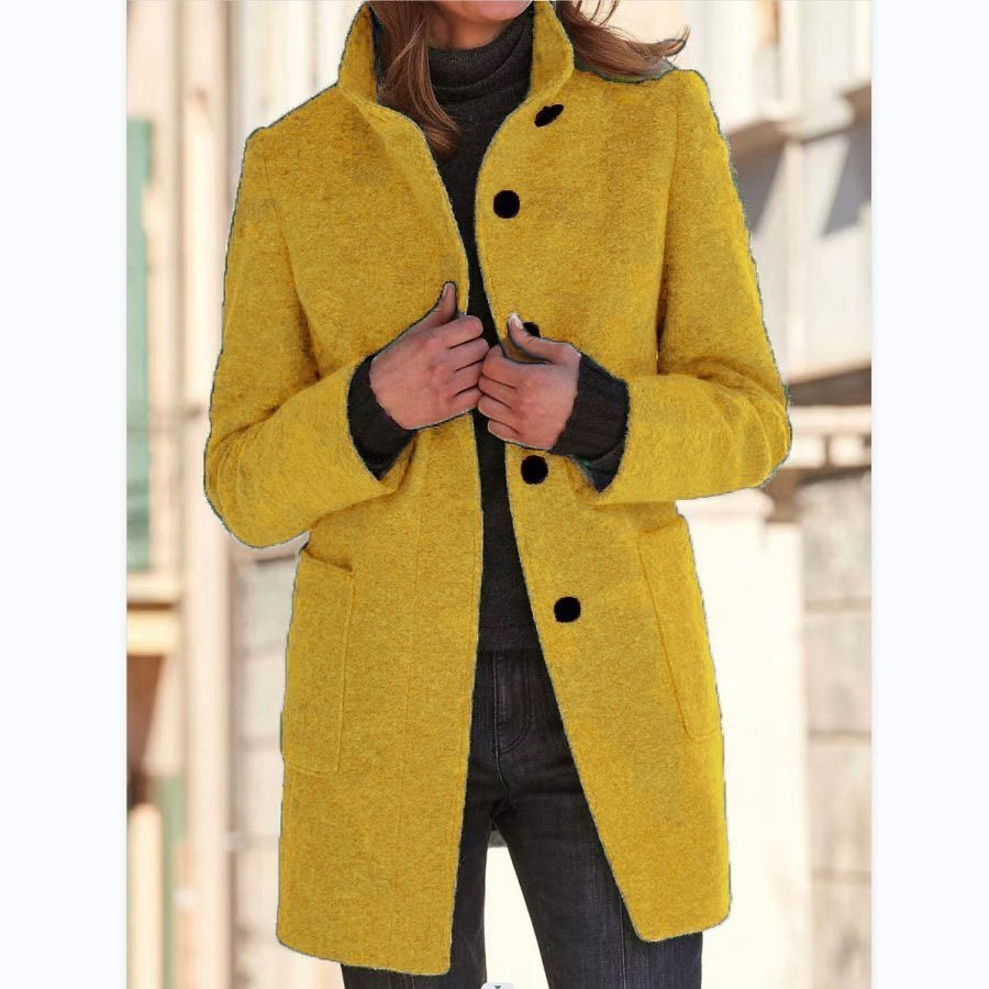 Fashion Stand Collar Woolen Coat With Pockets Fall Winter Casual Button Outwear For Women Clothing - Image 10
