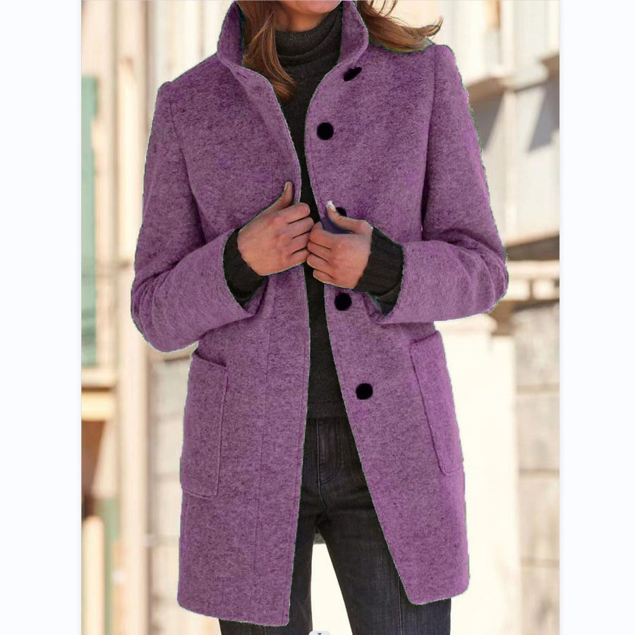 Fashion Stand Collar Woolen Coat With Pockets Fall Winter Casual Button Outwear For Women Clothing - Image 6