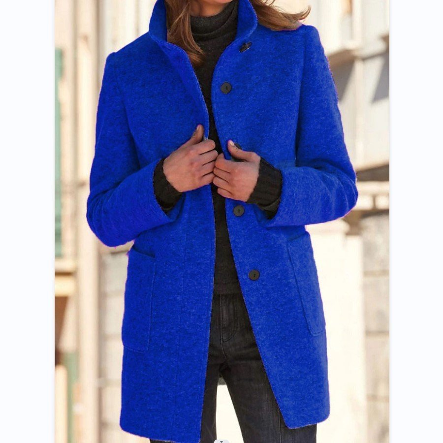 Fashion Stand Collar Woolen Coat With Pockets Fall Winter Casual Button Outwear For Women Clothing - Image 3