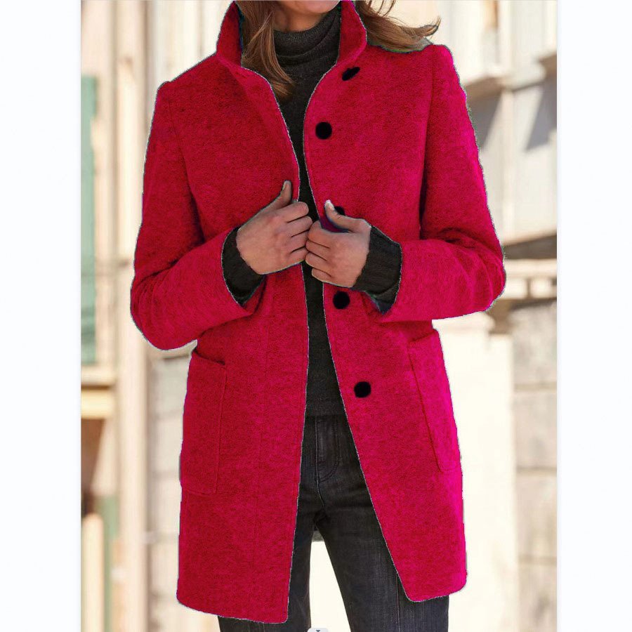 Fashion Stand Collar Woolen Coat With Pockets Fall Winter Casual Button Outwear For Women Clothing - Image 2