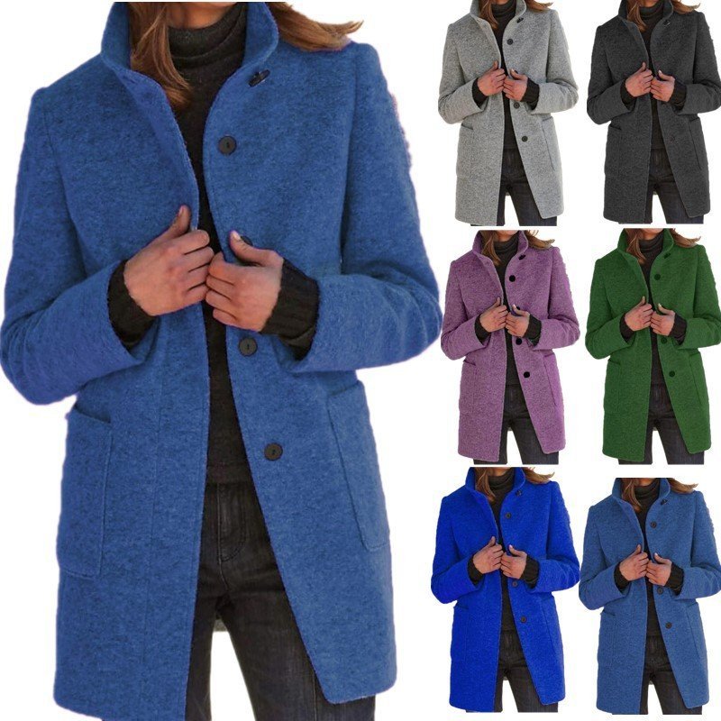Fashion Stand Collar Woolen Coat With Pockets Fall Winter Casual Button Outwear For Women Clothing - Image 9