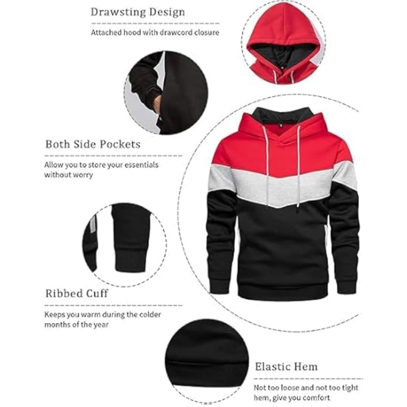 Men Color Block Pullover Hoodie Drawstring Fleece Sweatshirt - Image 4