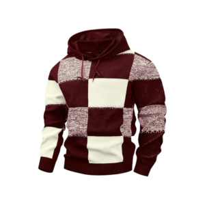 Men Checkerboard Hooded Sweater Waffle Knit Pullover Casual Hoodie